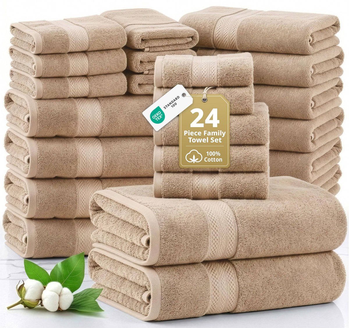 Lane Linen 24-piece towel set on display for families