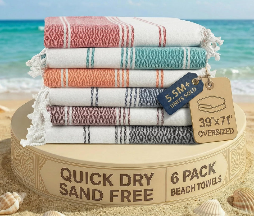 Lane Linen 6-pack oversized beach towels in diamond multi, perfect for family beach days.