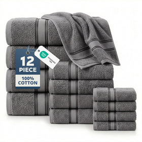 Lane Linen bath towels 28x54 grey flatlay showcasing plush softness for spa-like drying.