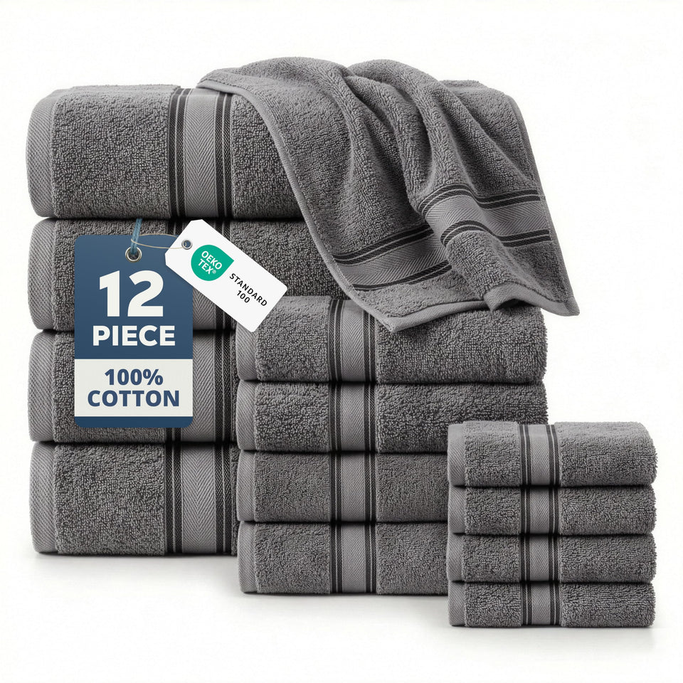 Lane Linen bath towels 28x54 grey flatlay showcasing plush softness for spa-like drying.