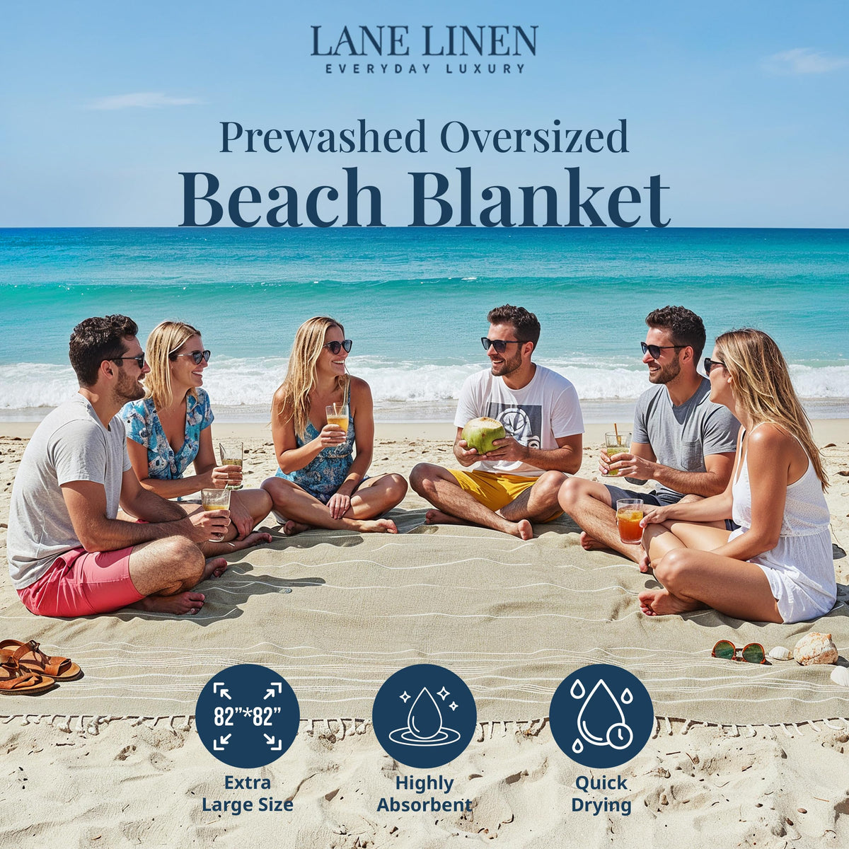 Lane Linen beach blanket with water-resistant backing for shore days.