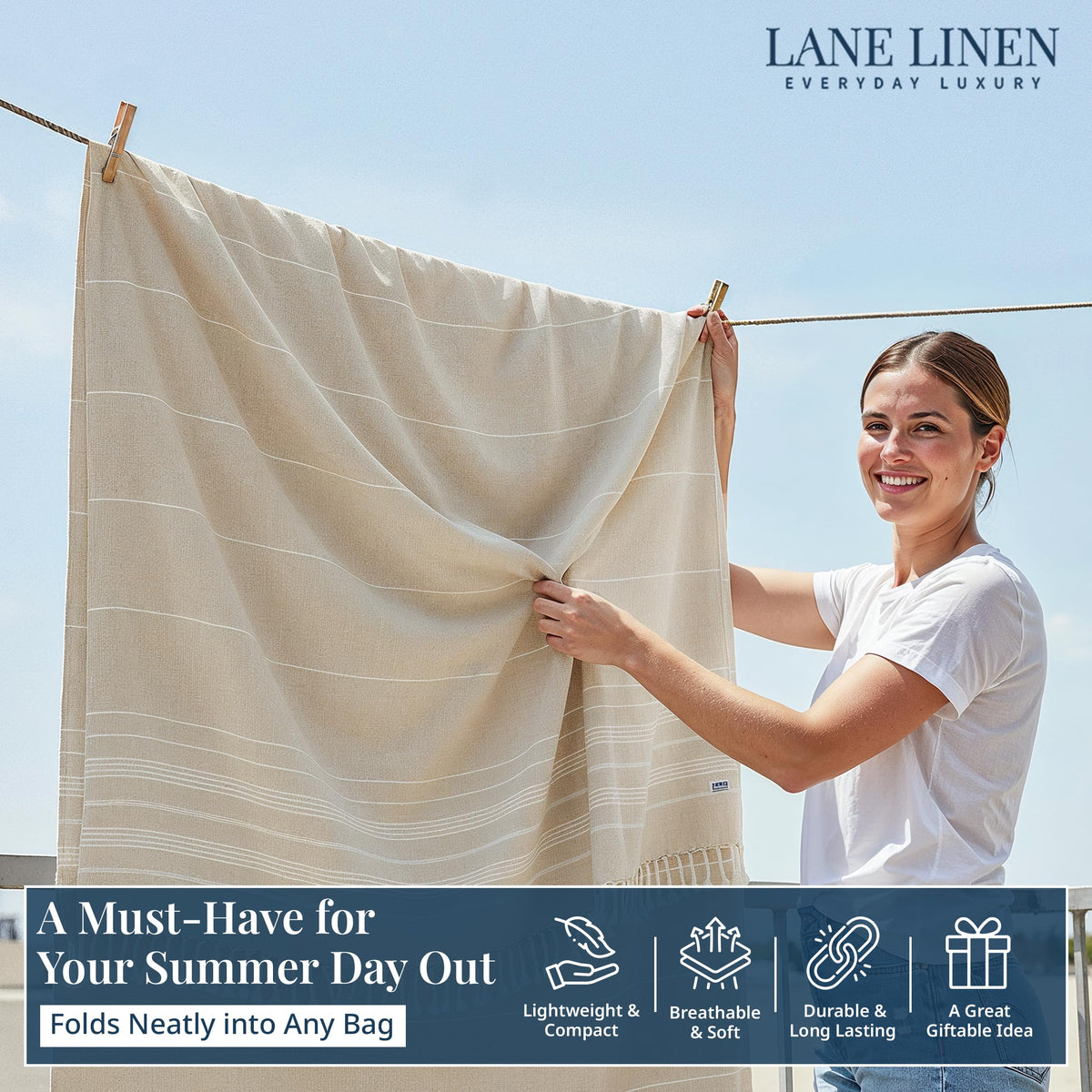 Lane Linen 82x82 blanket suitable for beach, picnic, or festival.