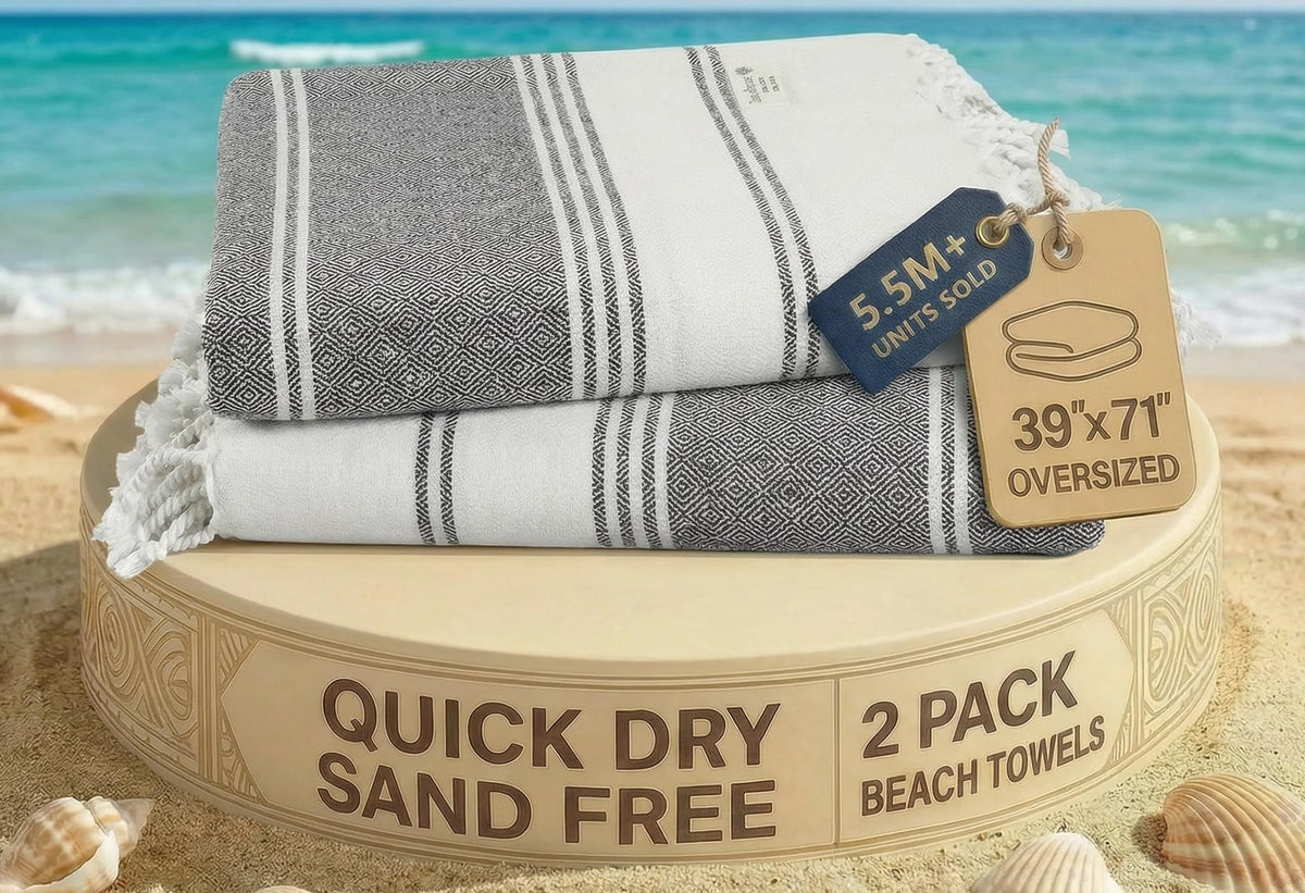 LANE LINEN Beach Towel 2-Pack Oversized folded for easy packing and lounging.