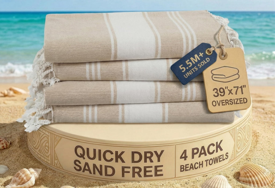 Lane Linen Beach Towel 4-Pack on a sunny beach, sand-free comfort ready.