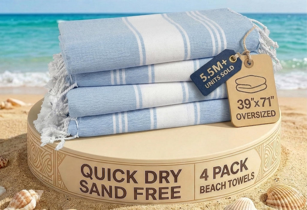 Lane Linen four-pack beach towel in sky blue, oversized for lounging and quick-dry use.