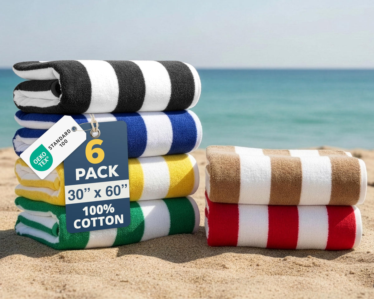 LANE LINEN oversized 30x60 beach towel with cabana stripes, ideal for poolside lounging.