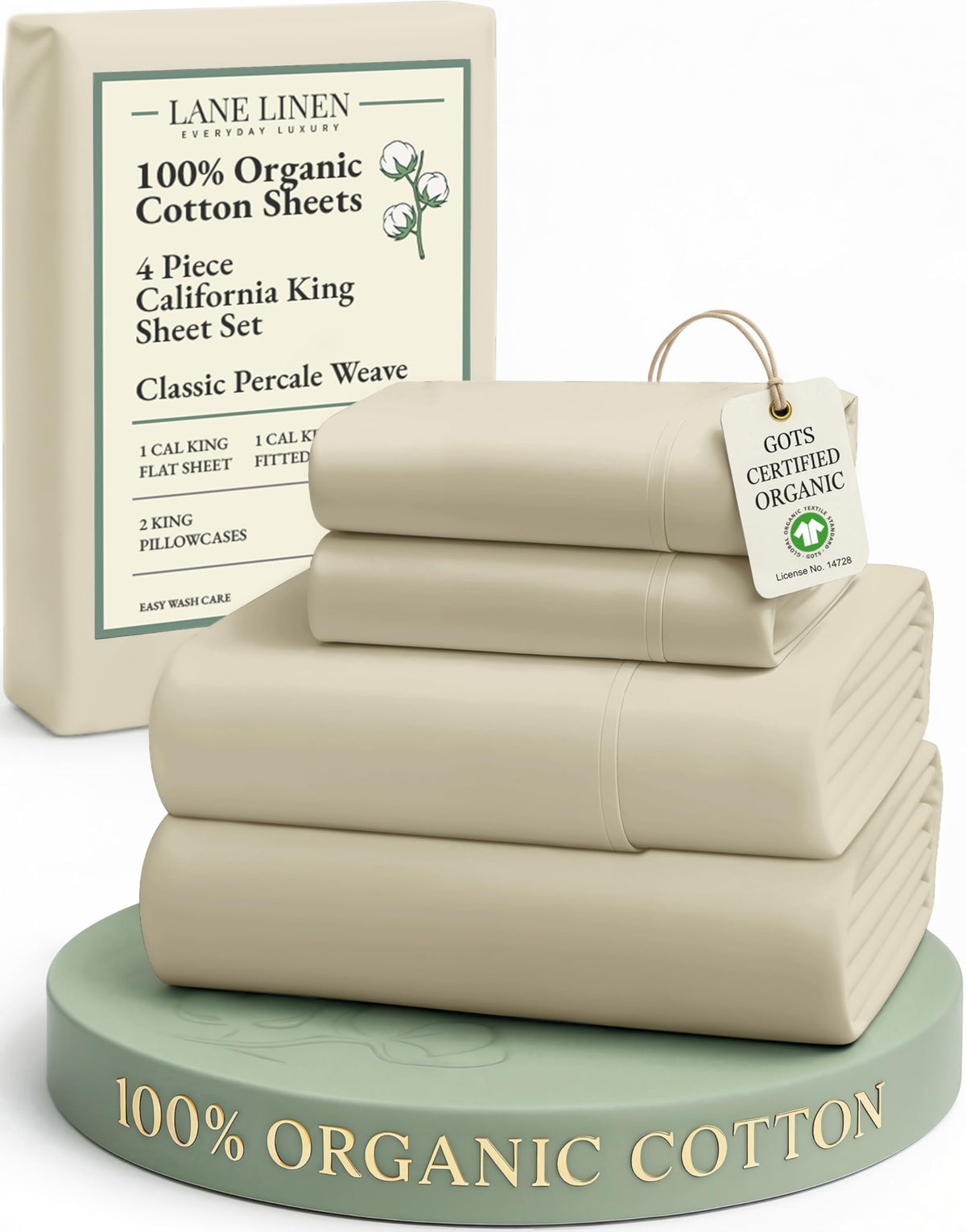 Lane Linen California King flat sheet in crisp percale weave for hotel-quality softness.