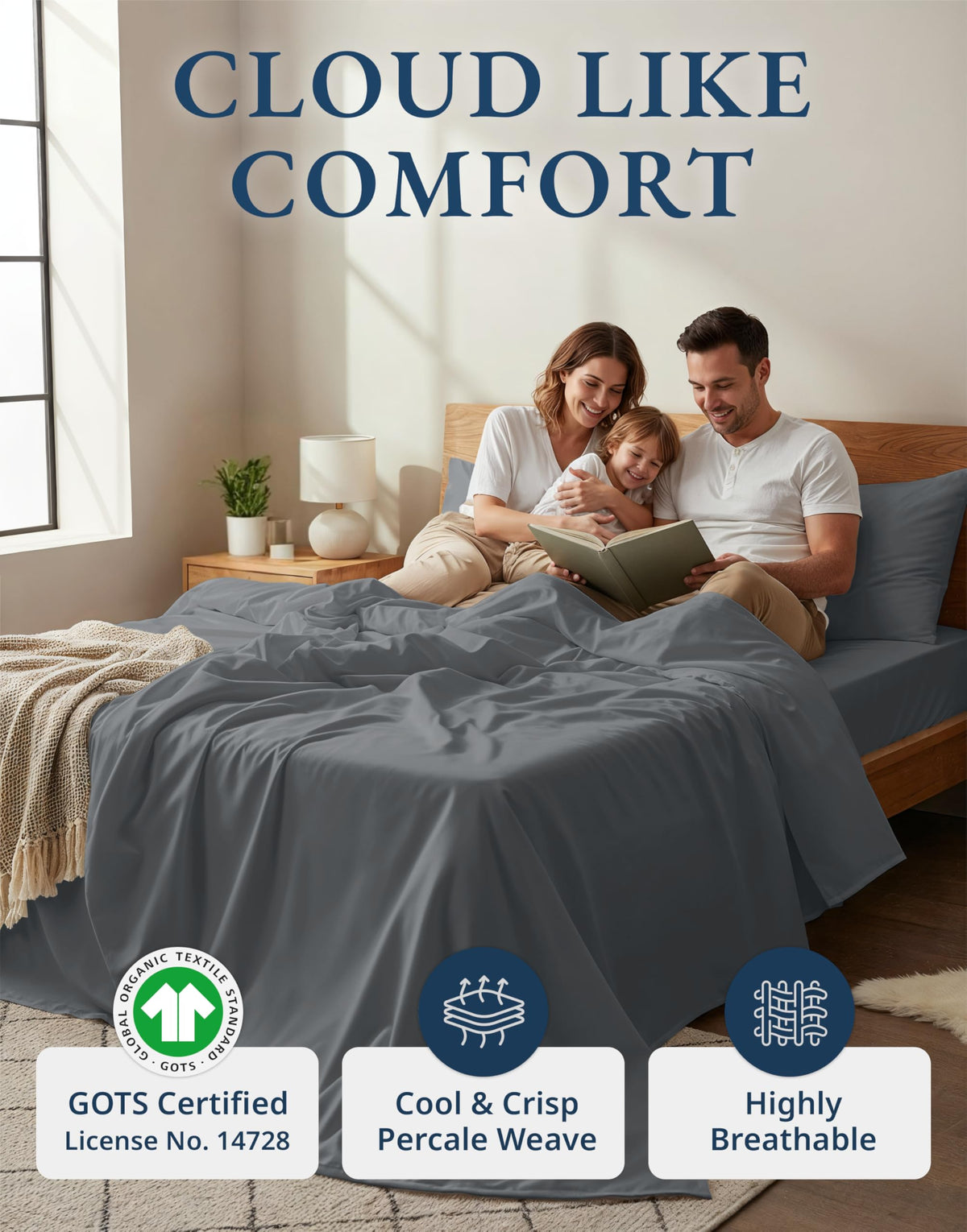 LANE LINEN California King fitted sheet in charcoal with deep pockets for a secure fit.