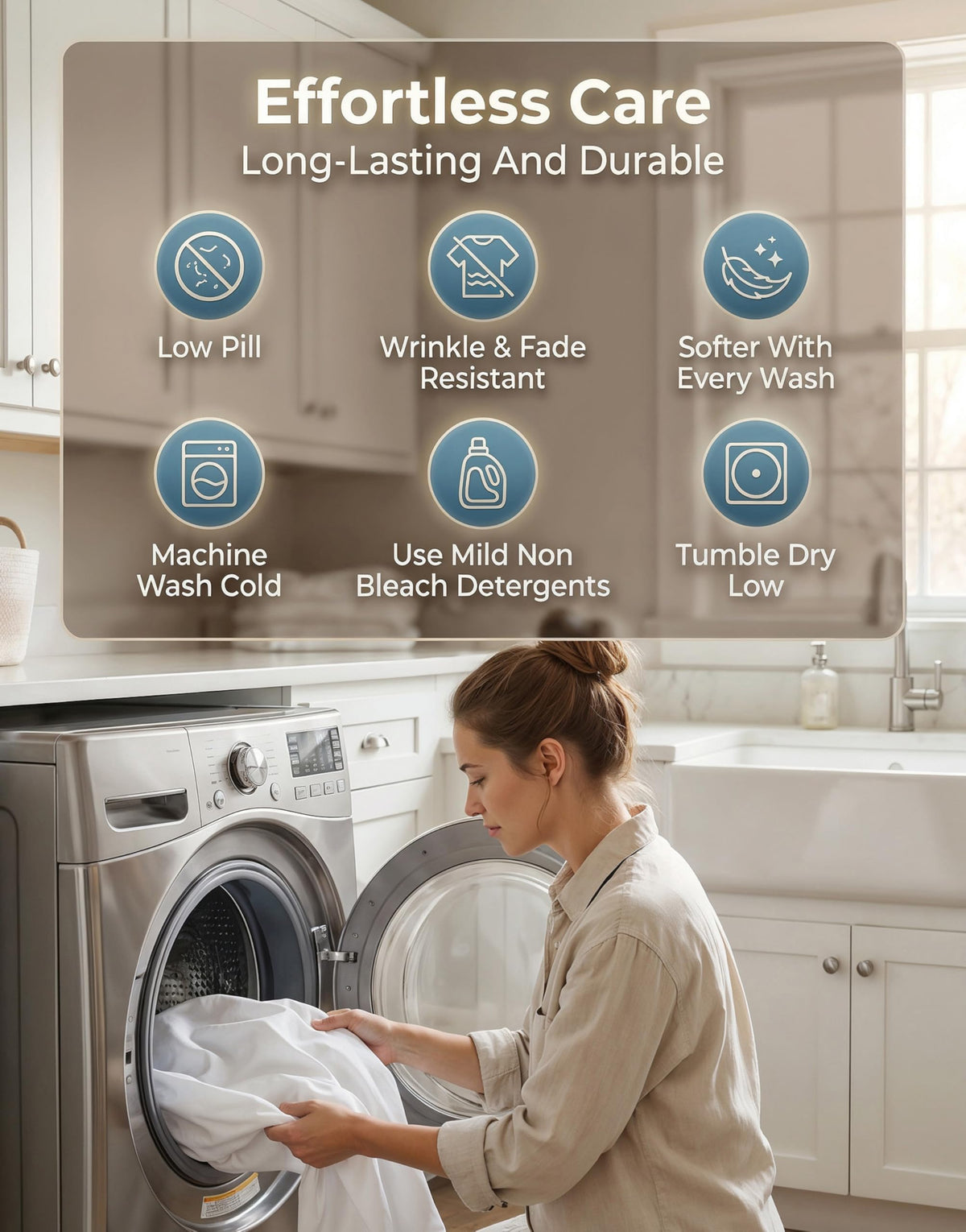 Lane Linen care instructions: machine washable for easy upkeep