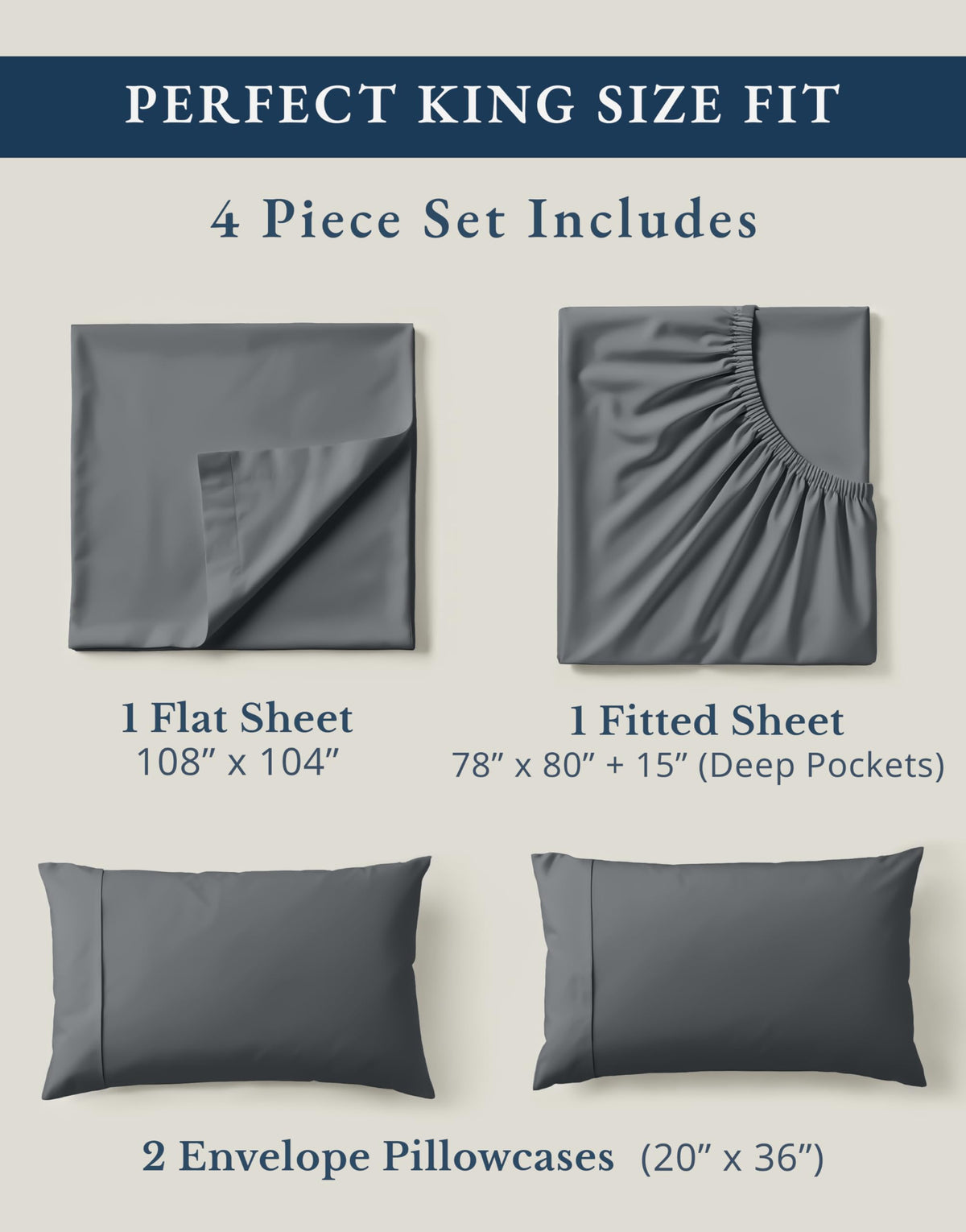 Lane Linen charcoal 4-piece king sheet set shown with complete coverage.