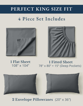 Lane Linen charcoal 4-piece king sheet set shown with complete coverage.