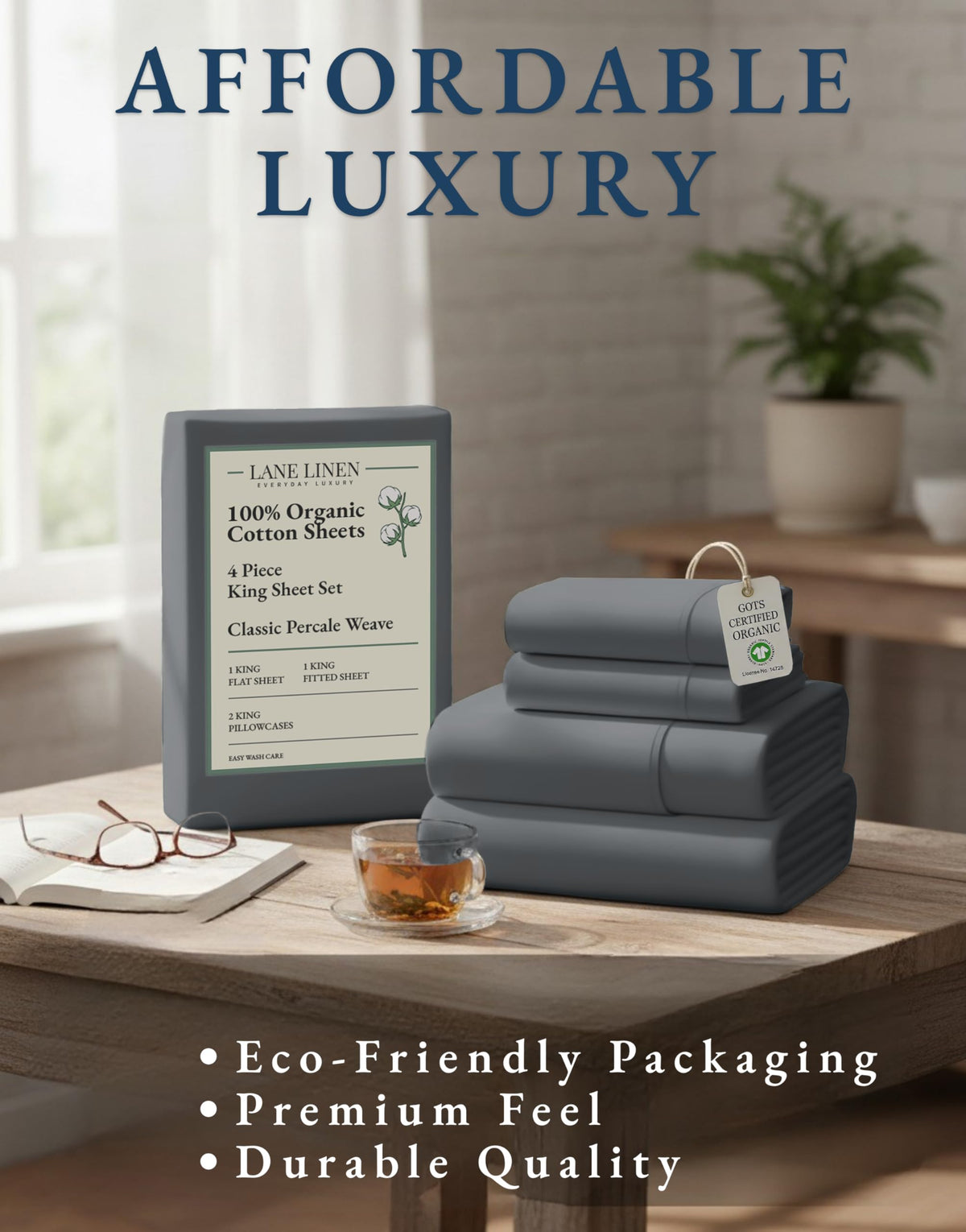 Lane Linen machine-washable charcoal sheets designed for durable wear.