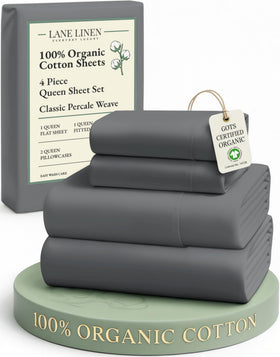Lane Linen charcoal percale queen flat sheet on bed showing hotel-like softness.