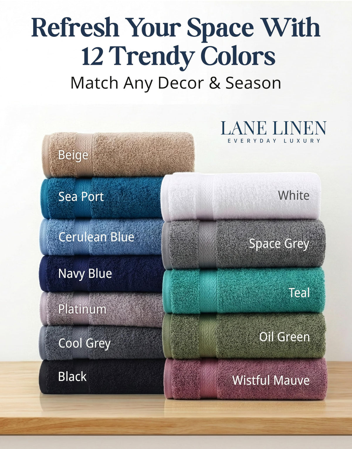 Lane Linen color swatch display showing soft tones for coordinated bathroom design