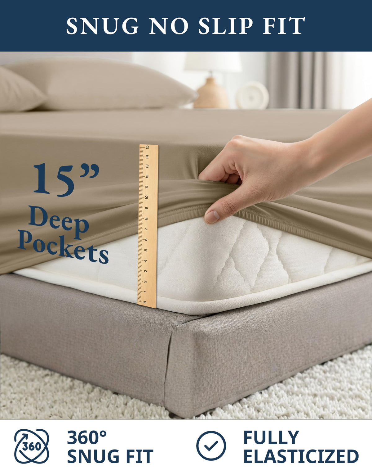 Lane Linen deep-pocket fit demonstration for 15-inch mattresses.