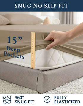 Lane Linen deep-pocket fit demonstration for 15-inch mattresses.