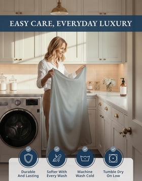 Lane Linen easy-care care instructions enable cold washing and low heat drying.