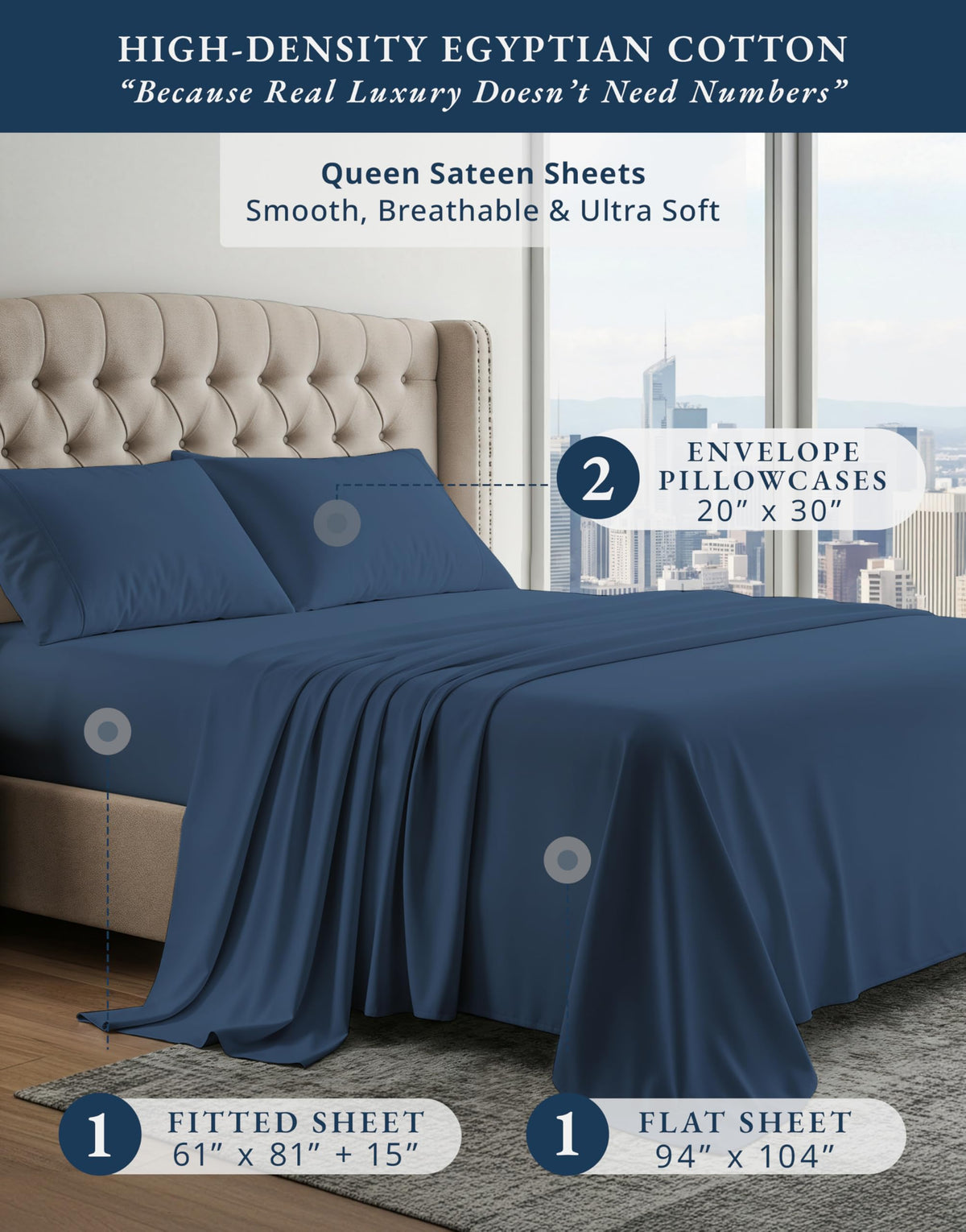 Lane Linen estate blue flat sheet smoothly laid for easy bed layering.