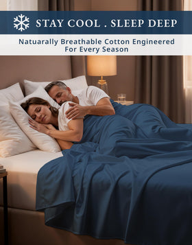 Lane Linen hotel-luxury vibe with estate blue bedding on a bed.