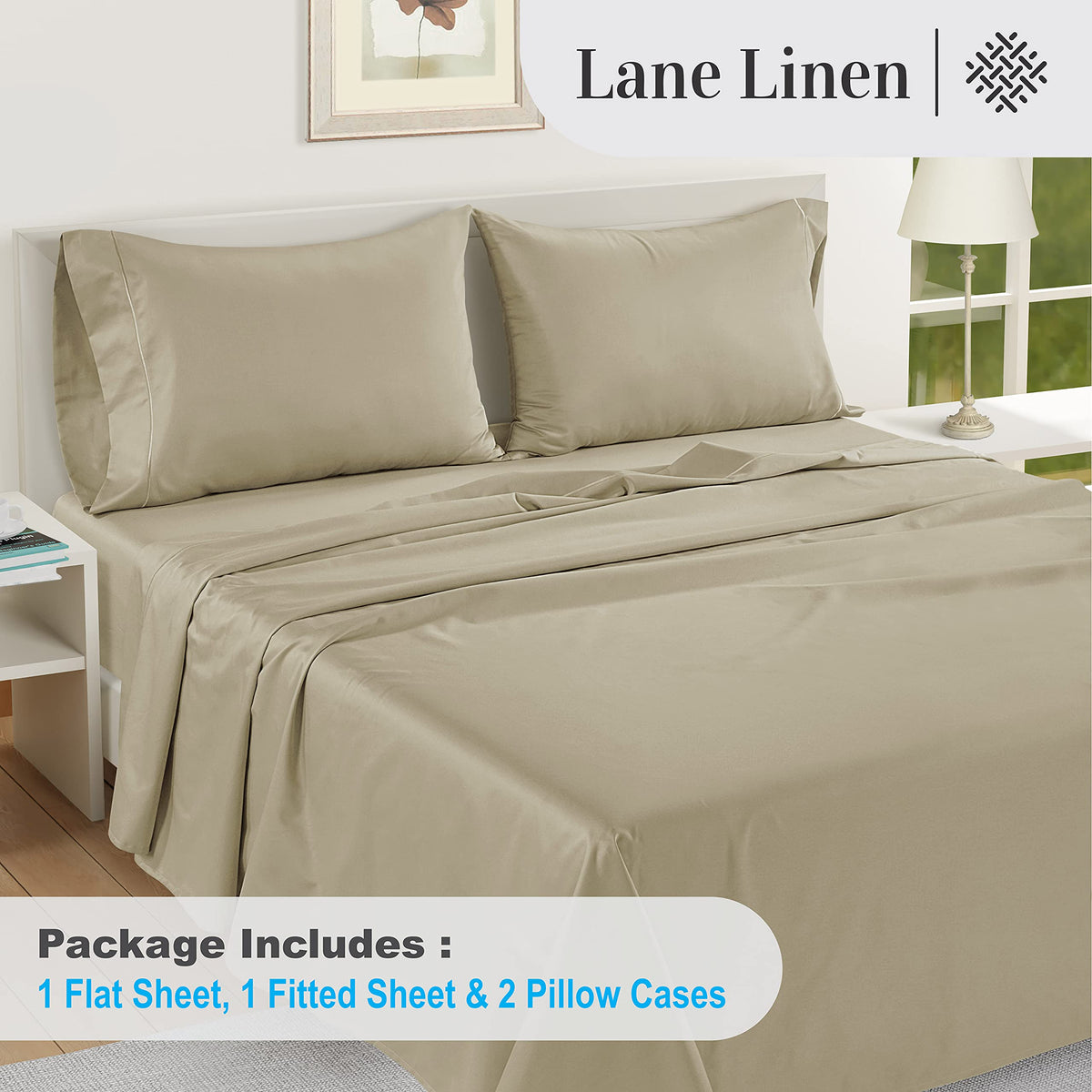 LANE LINEN king flat sheet provides generous coverage for a tidy bed.