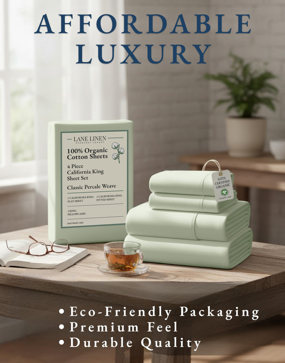 Lane Linen Mineral color on bed adds a soft earthy tone