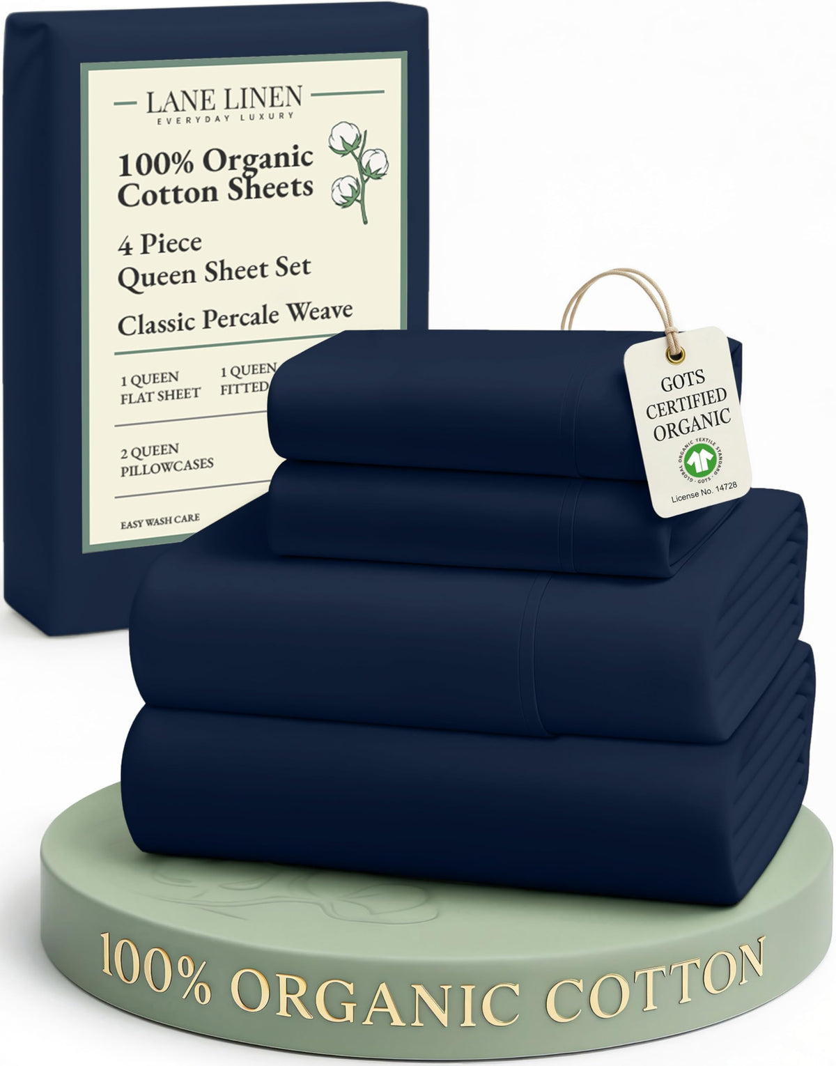 Lane Linen organic cotton sheets in navy offer breathable comfort for a cool night's sleep.