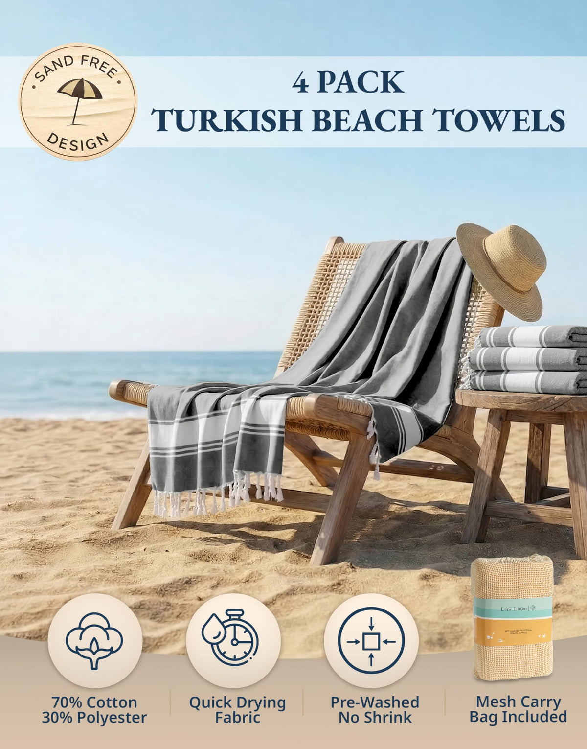 Lane Linen oversized Turkish towel set 39x71 offers generous coverage at the beach.
