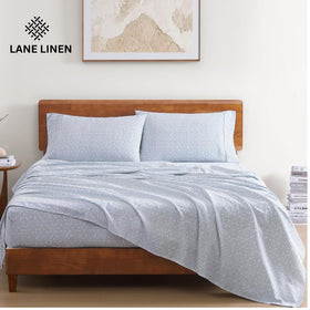 Lane Linen polka-dot printed sheets showcase playful design and durable percale weave.