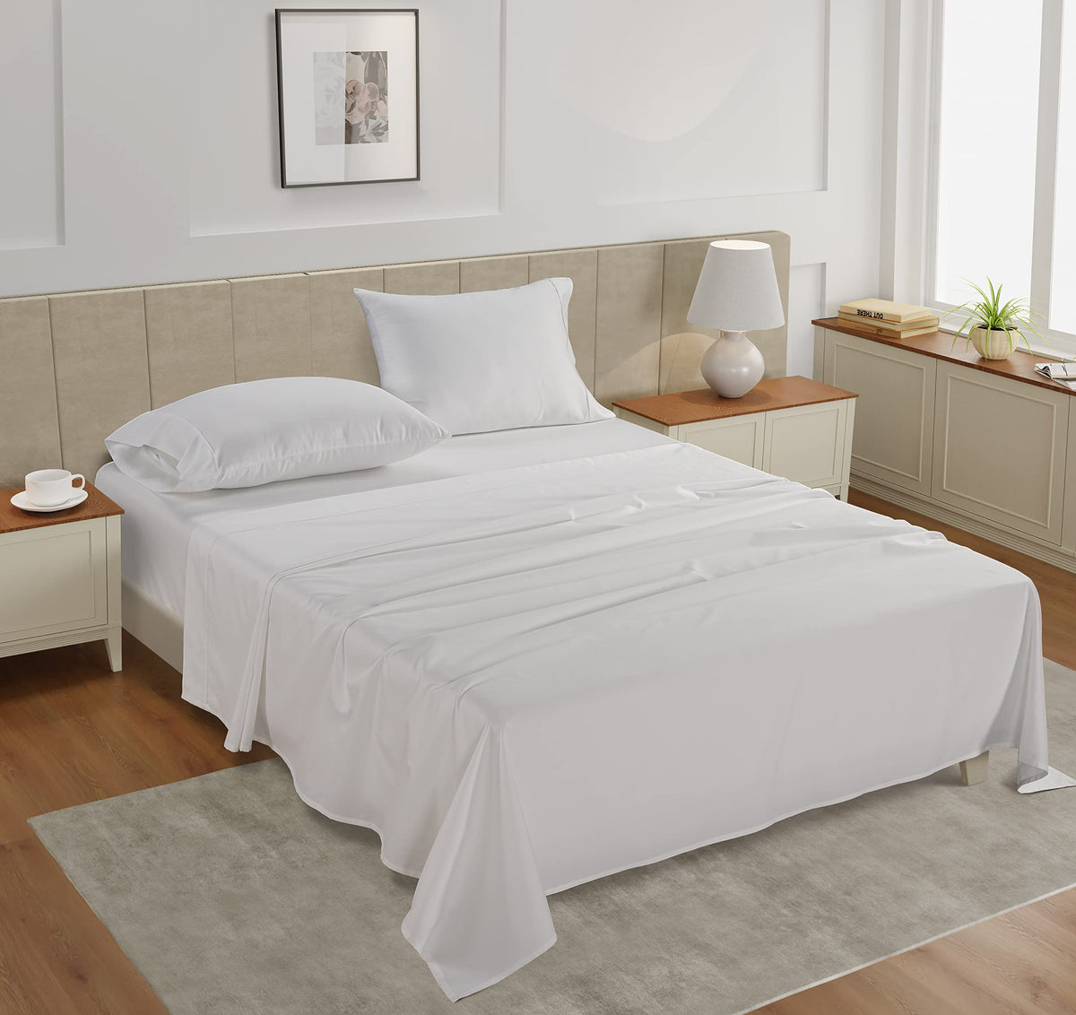 Lane Linen queen fitted sheet with 15 inch pocket securing a deep mattress