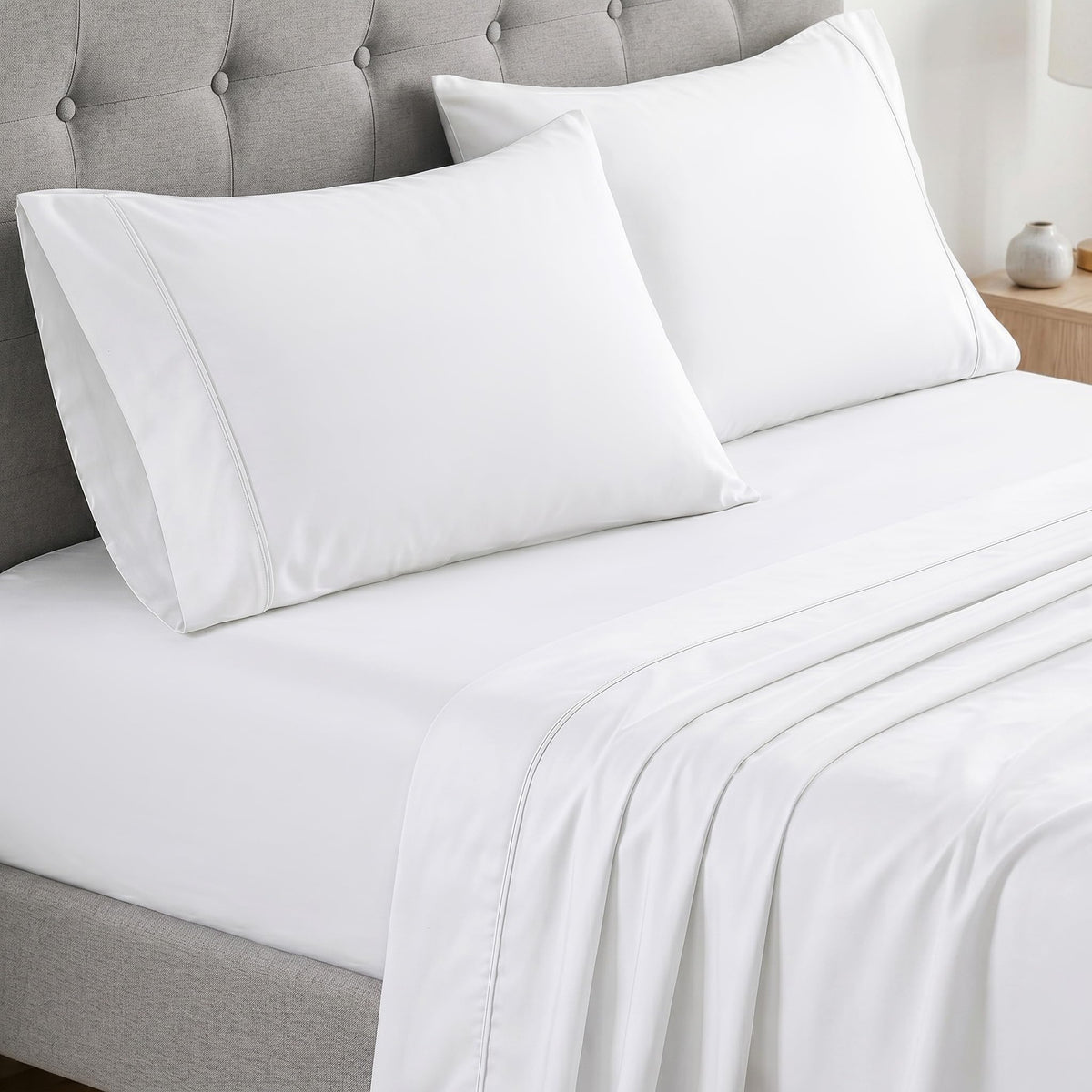 Lane Linen Queen flat sheet showing generous coverage and smooth texture for a polished bed