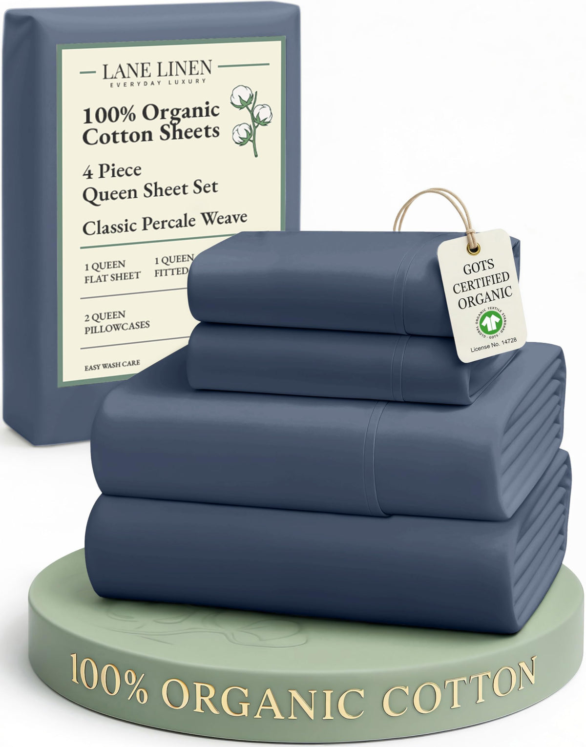 LANE LINEN queen flat sheet in estate blue shows soft organic cotton comfort