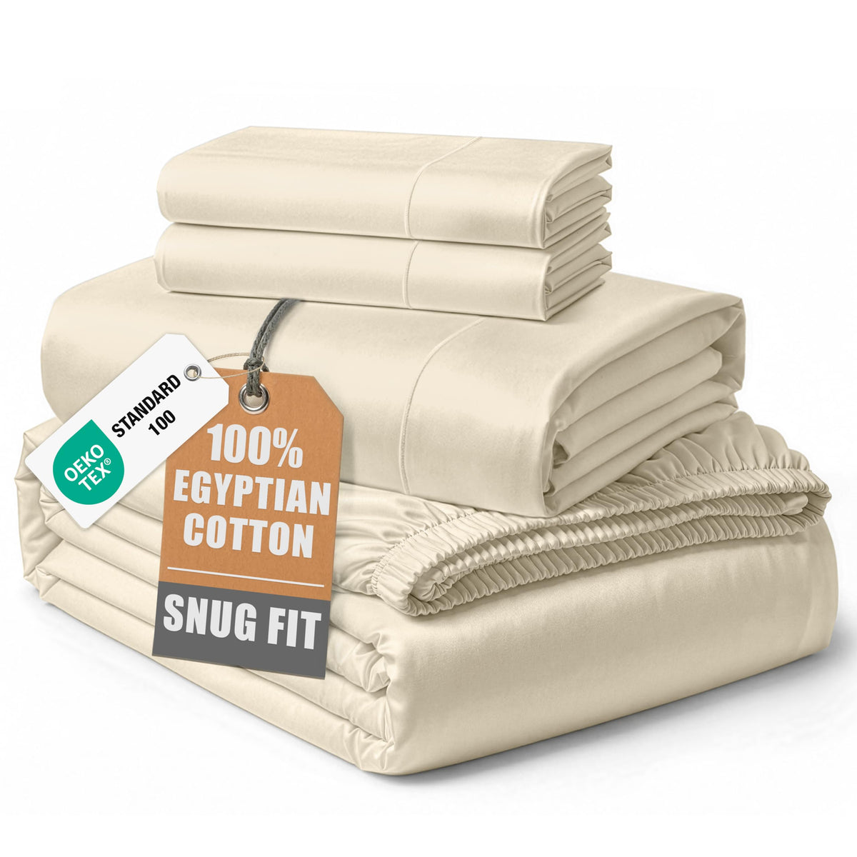 Lane Linen queen sheet set in ivory on bed, silky smooth feel.
