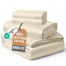 Lane Linen queen sheet set in ivory on bed, silky smooth feel.