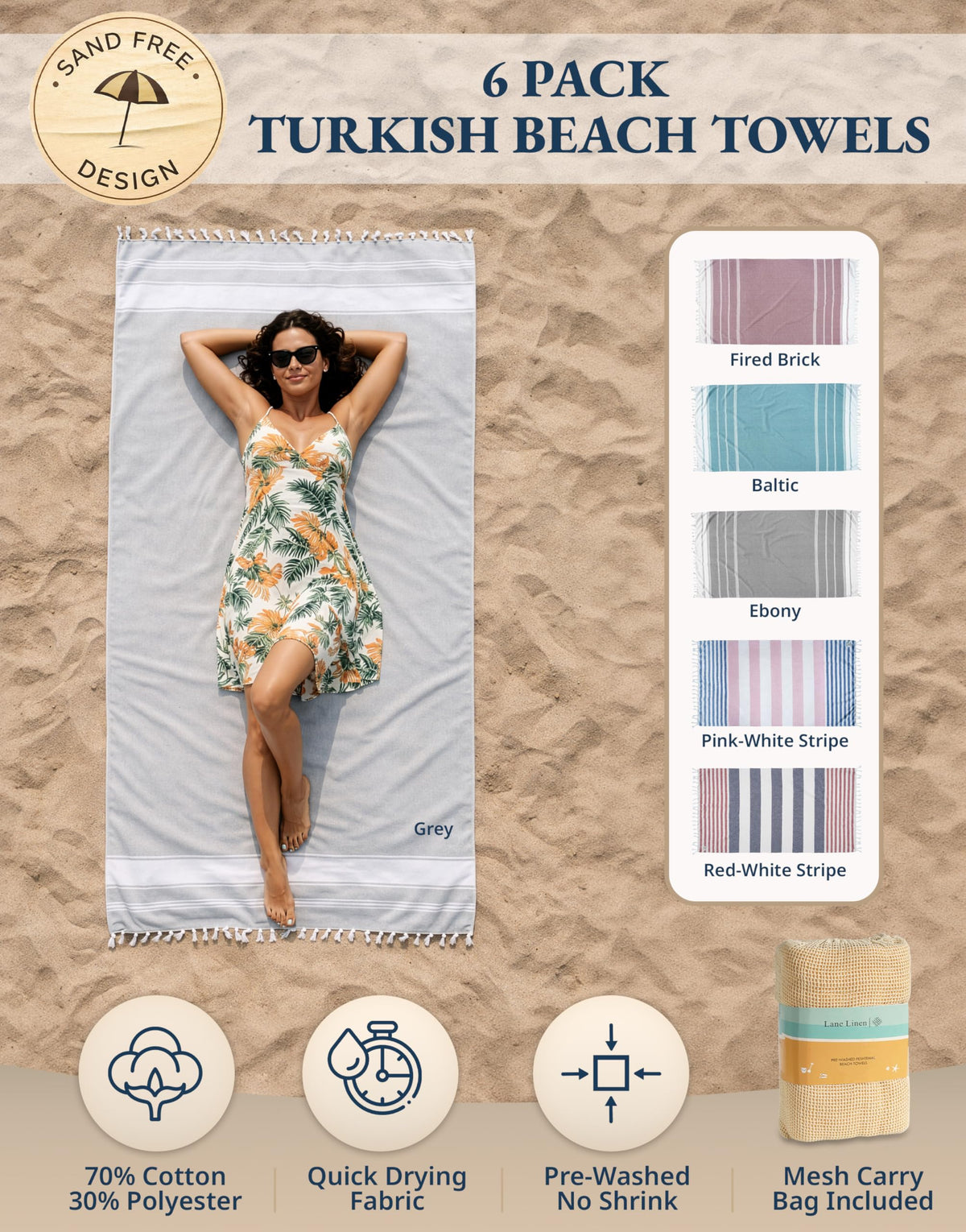 Lane Linen sand-free beach towel with bag helps shake off sand.