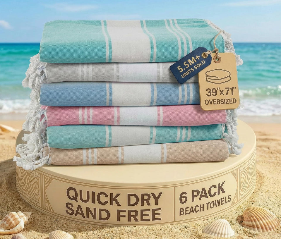 Lane Linen Turkish beach towel set of six, packaged for gifting and travel.