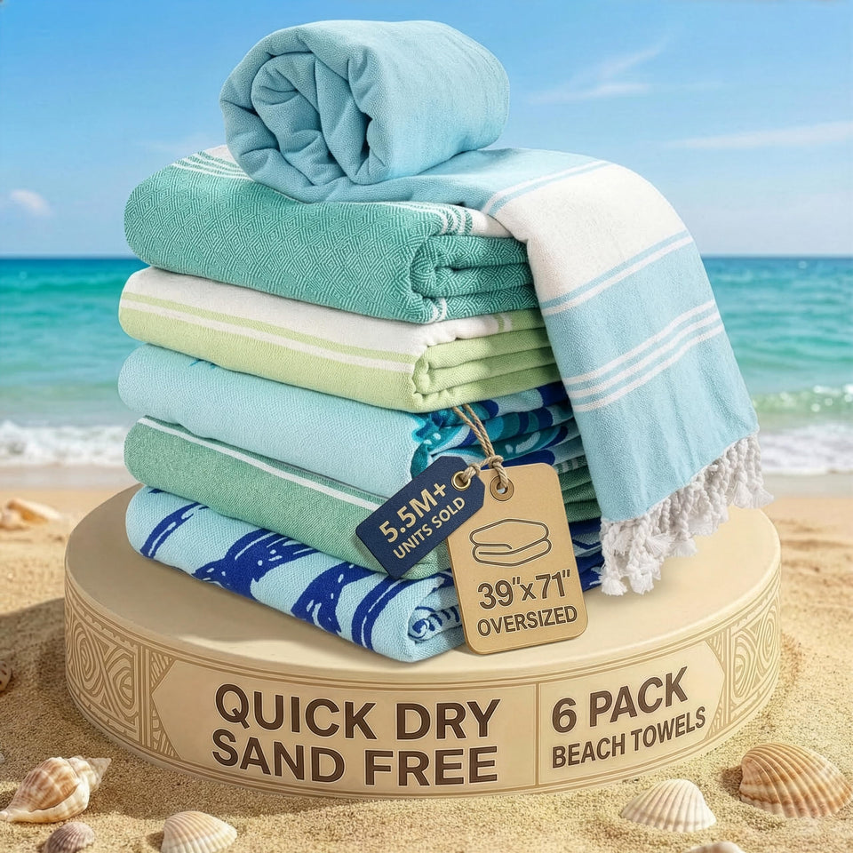 Lane Linen Turkish Beach Towels flat lay in Tropical Breeze, oversized for full coverage
