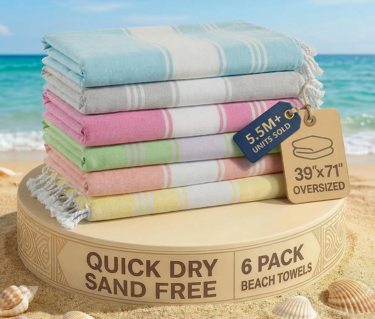 Lane Linen Turkish Towels Set of 6 sand-free beach towels for easy beach days.