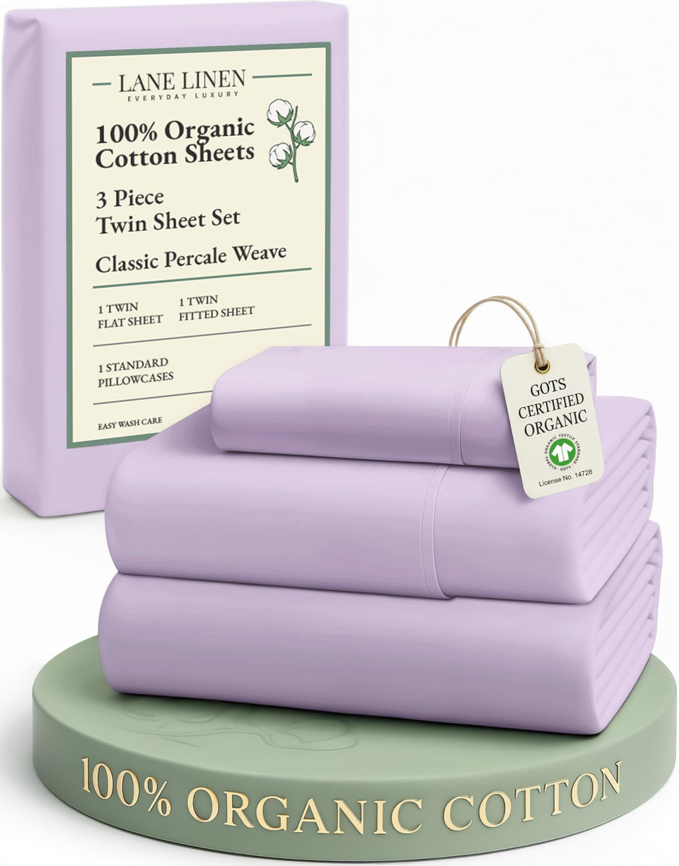 Lane Linen twin flat sheet in Orchid Petal highlights breathable organic cotton and crisp percale touch.