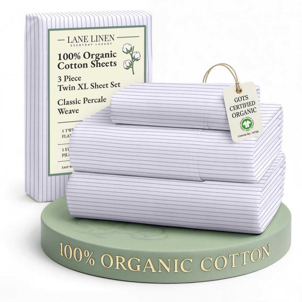 LANE LINEN Twin XL flat sheet in blue ticking stripe, breathable percale for cool sleep.