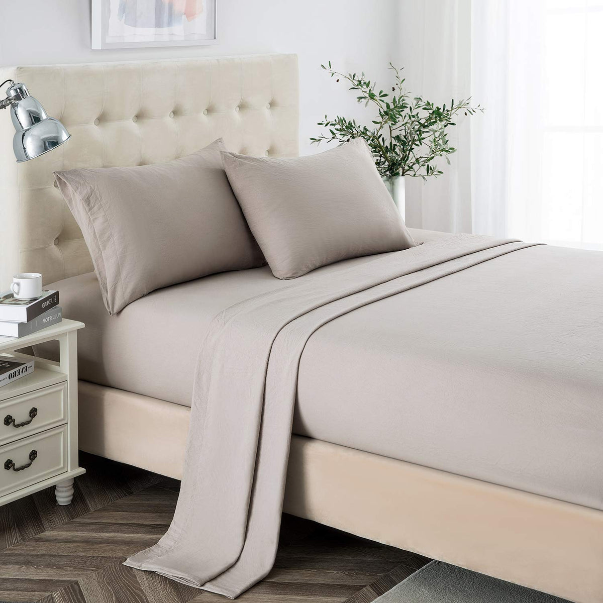 Lanest Housing queen sheet set front view in taupe showing soft microfiber and spacious pocket
