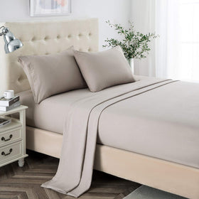 Lanest Housing queen sheet set front view in taupe showing soft microfiber and spacious pocket