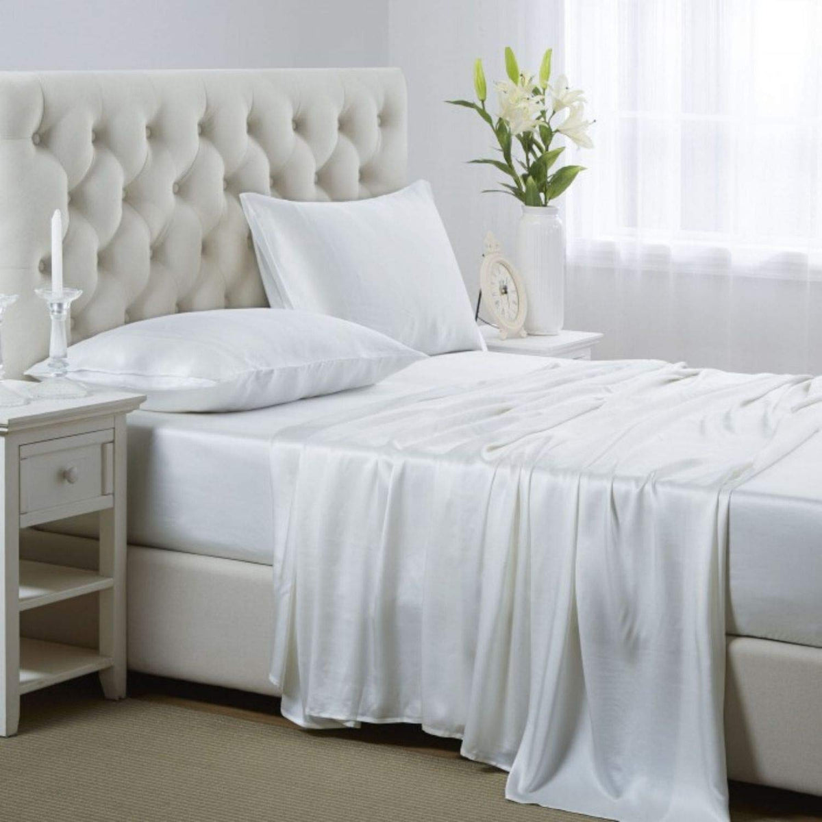 Lanest Housing silk satin sheets in ivory on queen bed for luxurious feel.