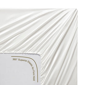 Lanest Housing ivory satin sheets create a calm bedroom ambience.