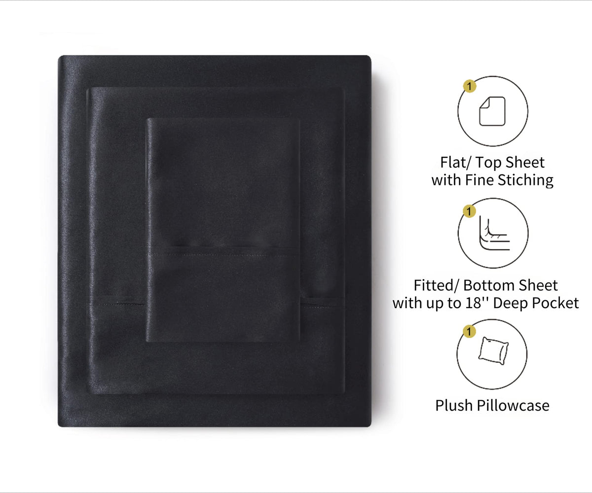 Lanest Housing twin XL black satin sheets on bed, cooling comfort.