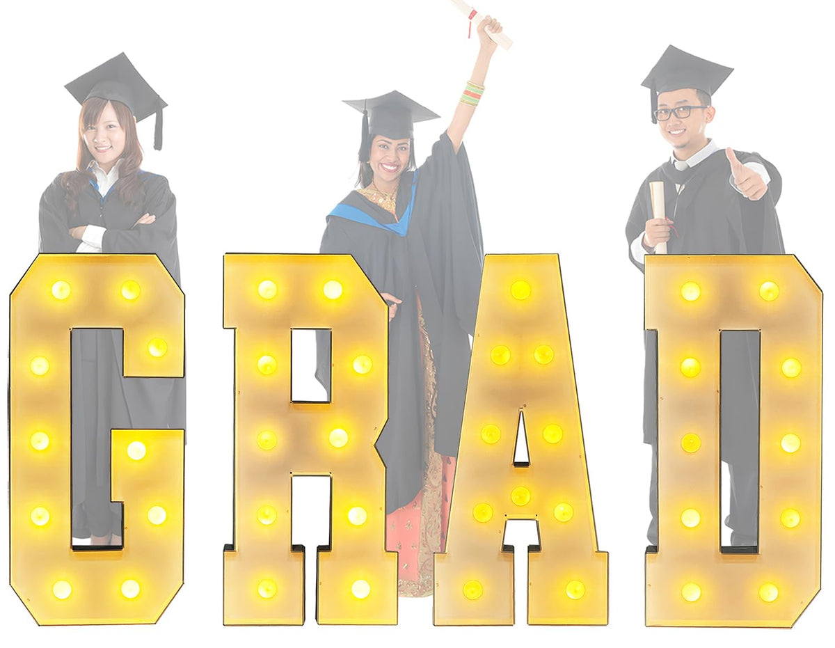 LANGXUN 3ft Grad letters kit for a bold graduation backdrop with bright LED illumination.