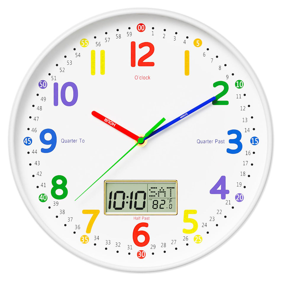 Lanktoo 12-Inch Silent Teaching Clock face with vibrant numbers for classroom learning.