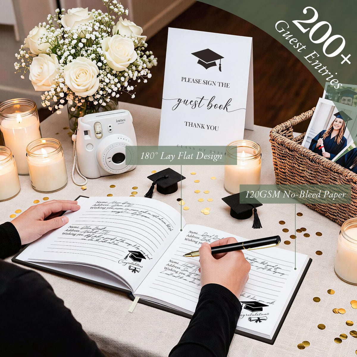 Lanpn graduation sign-in pages organize guest names, addresses, and wishes