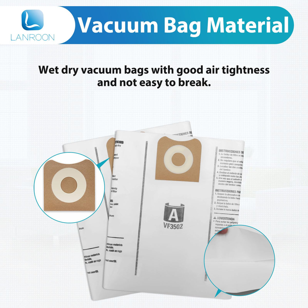 LANROON VF3502 bags in-use inside a Ridgid vacuum capturing debris