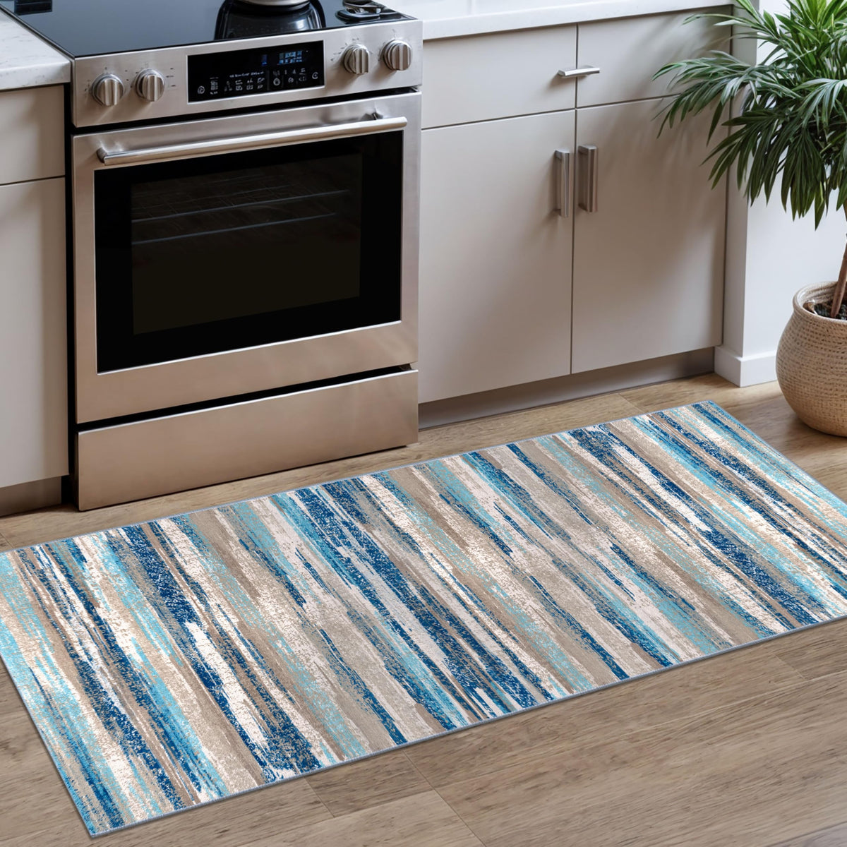 Lansny modern abstract runner rug 2x5 in blue washables with non-slip backing for hallways.