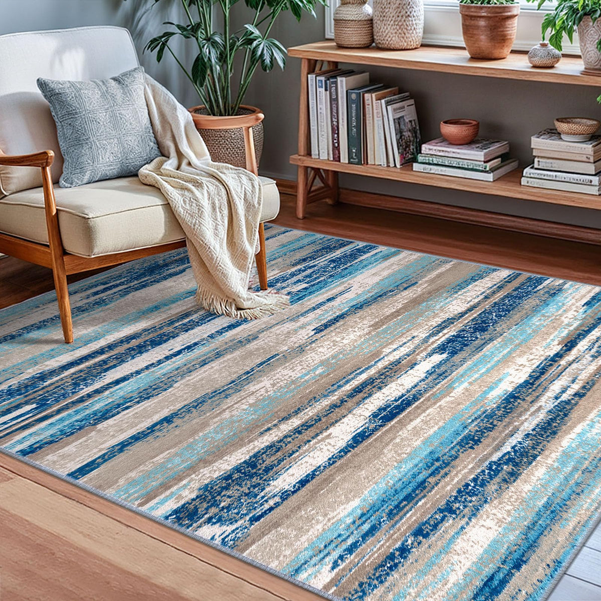 Lansny washable rug for kitchen with non-slip backing in aqua tones.